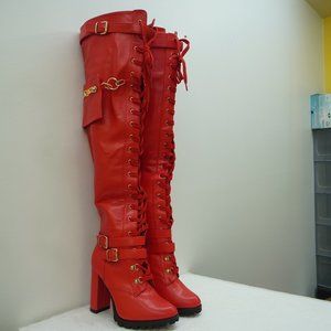 Elira by SHOEDAZZLE, Red faux leather corset 4.5" heel thigh high boots size 9